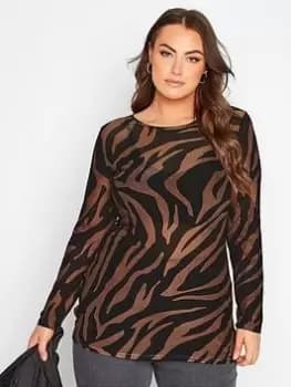 Yours Long Sleeve Mesh Zebra Print Top - Black/Brown, Brown, Size 22-24, Women