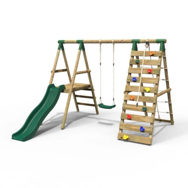 Rebo Wooden Swing Set with Up and Over Climbing Wall and Slide - Amber Green Green