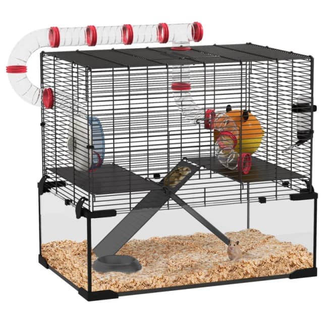 PawHut Hamster Cage w/ Tubes, Ramps, Platforms, Hut, 60 x 40 x 57cm, Black D51-417V00BK