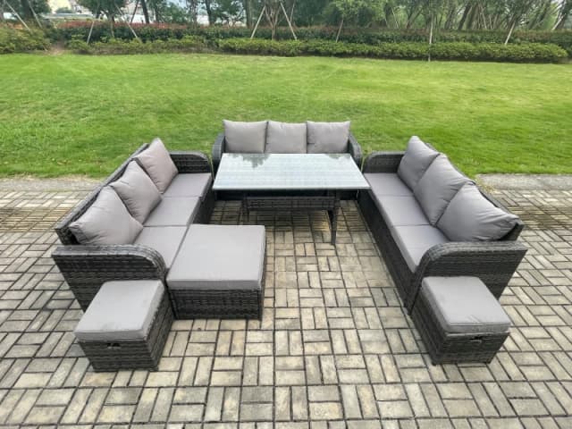 Fimous Patio Rattan Garden Furniture Set with Oblong Rectangular Dining Table 3 Footstools 12 Seater Outdoor Lounge Sofa Set Dark Grey Mixed Dark Grey