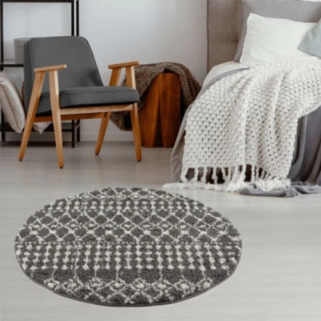 THE RUGS Soft Moroccan Diamond Shaggy Rugs & Runners Dark Grey Living Room Size: 120cm diameter Dark Grey Unisex 120cm diameter
