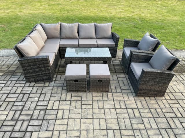 Fimous 10 Seat Rattan Garden Furniture Corner Sofa Set Outdoor Patio Sofa Chair Table Set with 2 Small Footstools Dark Grey Dark Grey Unisex