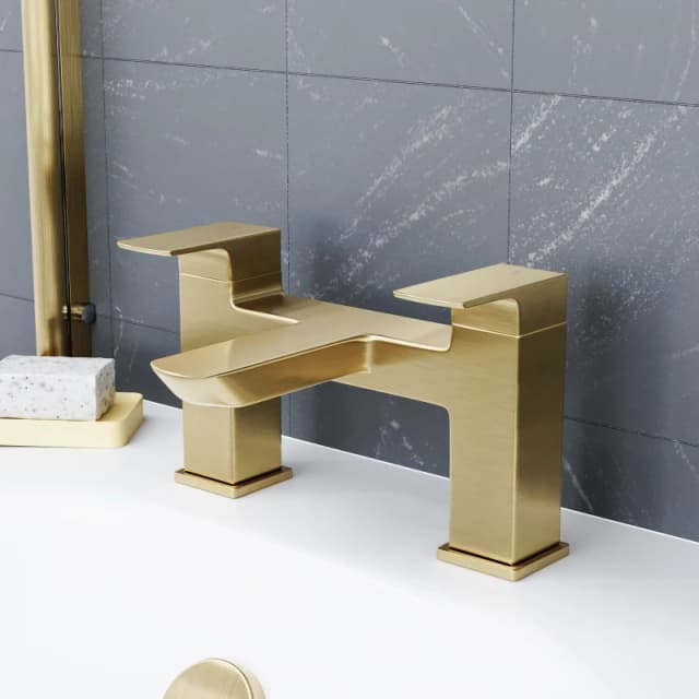 Nes Home Modern Brushed Brass Bathroom Square Deck Mounted Bath Filler Tap Gold