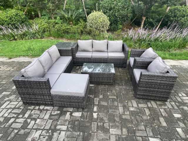 Fimous 9 Seater Outdoor Lounge Sofa Set Wicker PE Rattan Garden Furniture Set with 2 Armchair Oblong Coffee Table Side Table Big Footstool Dark Grey