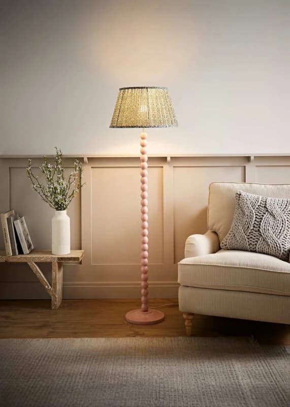 ValueLights ValueLights Bobbin Bobbles Floor Lamp with Floral Pleated Tapered Lamp Shade in Pale Pink Pale Pink One Size Unisex 5059406067785