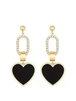 Mood Mood Gold Black Enamel And Crystal Heart Link Drop Earrings, Black, Women