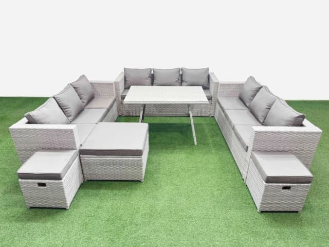Fimous 12 Seat Patio PE Rattan Garden Furniture with 3 Stool Light Grey Light Grey Unisex