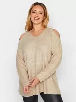Yours Embellished Cold Shoulder Top - Natural, Size 16, Women