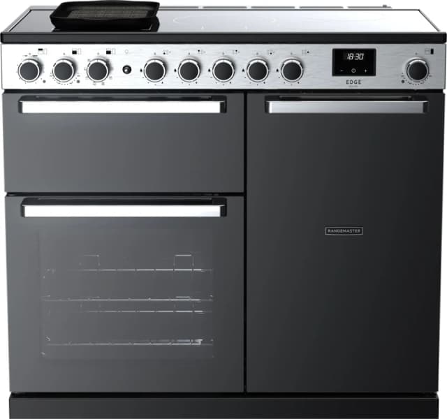 Rangemaster Edge Deluxe EDDL100EIGBLK/CM1 100cm Electric Range Cooker with Induction Hob - Black Glass / Chrome - A/A Rated