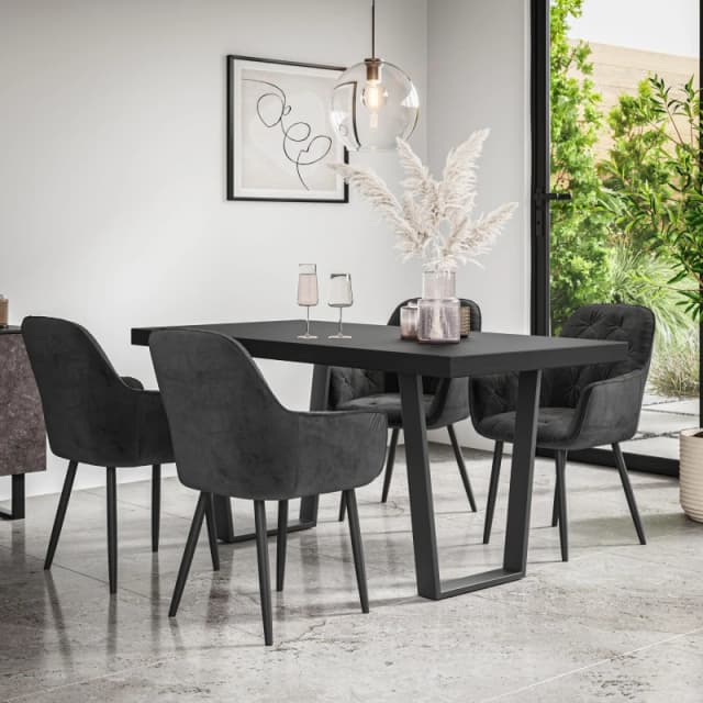 More4Homes Aria Dining Table And Chairs - Black Table Top W Black Legs + Anika Velvet Dining Chair Set Of 4 (Black)