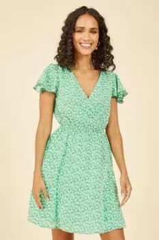 Green Ditsy Print Wrap Skater Dress