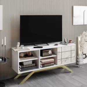 Decorotika North 130 Cm Wide Decorative TV Stand, TV Console, TV Unit With Open Shelves, Cabinet And For Living Room, Bedroom- White And White Marble