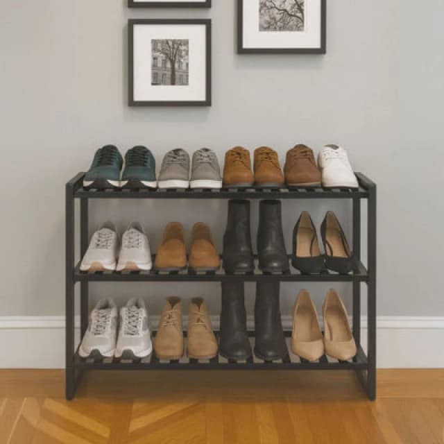 Neo 3-Tier Bamboo Shoe Rack Stand Black Shoe Storage Shelf For Hallway Bedroom Bathroom