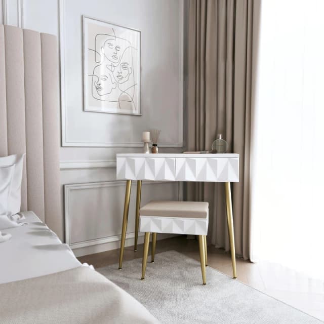 CARME HOME Montana White Dressing Table with Velvet Padded Stool White