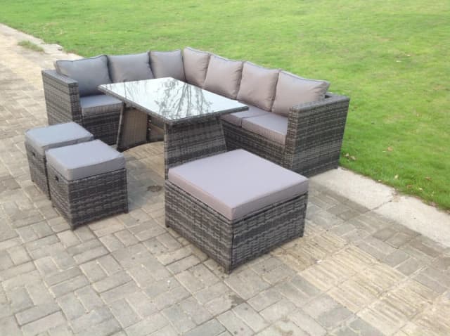 Fimous PE Rattan Corner Sofa Set Rectangular Dining Table Set With Seat And Back Cushion 7 Seater Dark Grey