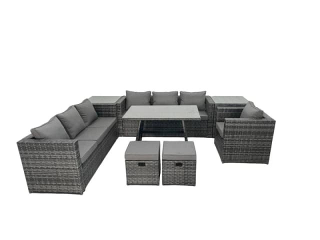 Fimous Rattan Dining Table Sofa Set with 2 Side Tables Small Footstool 9 Seat in Dark Grey Dark Grey Unisex