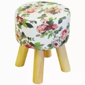 Techstyle Floral Rose Patterned Upholstered Foot Stool With Wood Legs White / Pink / Green