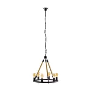 Hanging Ceiling Pendant Light Black & Rope 6x 60W E27 Round Feature Chandelier