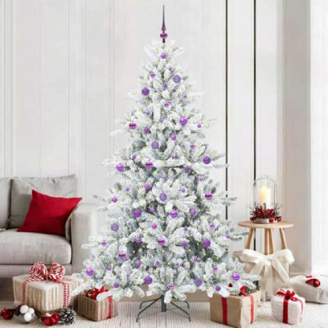 vidaXL Artificial Hinged Christmas Tree with 300 LEDs, Lilac Balls Snow Flocked 210cm PVC, Green 3397737