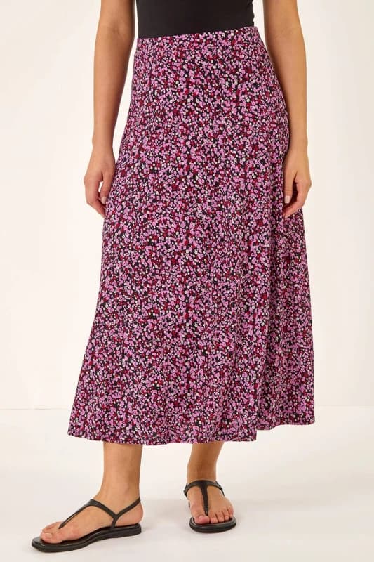 Roman Womens Floral Print Stretch Midi Skirt in Pink Size: 18 Pink Female 18