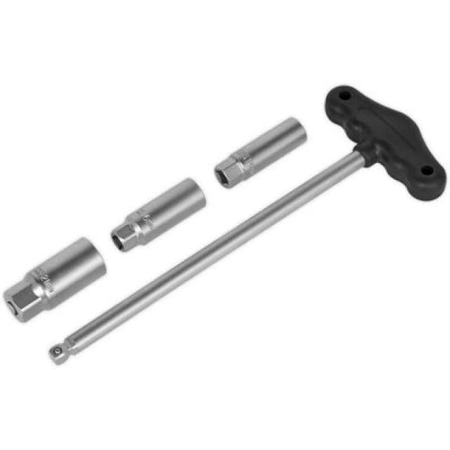 Loops 4 Piece Spark Plug Socket Set - T-Bar Handle - 3/8" Sq Drive - Rubber Inserts Multi