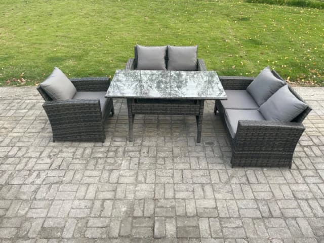 Fimous 5 Seater Wicker Rattan Garden Dining Set Outdoor Furniture Sofa with Dining Table Double Seat Sofa Dark Grey Mixed Dark Grey Unisex