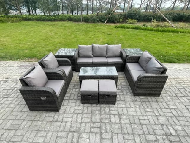 Fimous 9 Seater Outdoor Rattan Garden Furniture Set Rattan Lounge Sofa Set with Rectangular Coffee Table 2 Side Tables 2 Small Footstools Dark Grey