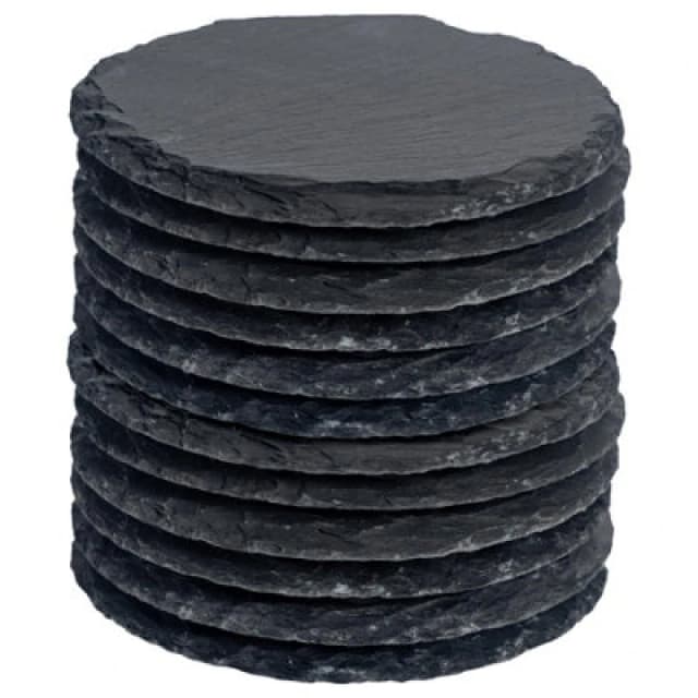 Argon Tableware 12X Round Slate Coasters - Drink Coasters Black Stone Natural Slate Rough Edge Drink Mat Cup Mats