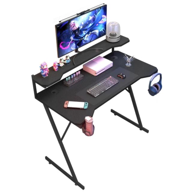 House Of Home Gaming Desk With Monitor Stand Carbon Fibre Top Black 118Cm