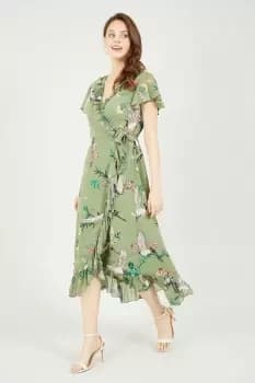 Green Frill Crane Wrap Midi Dress