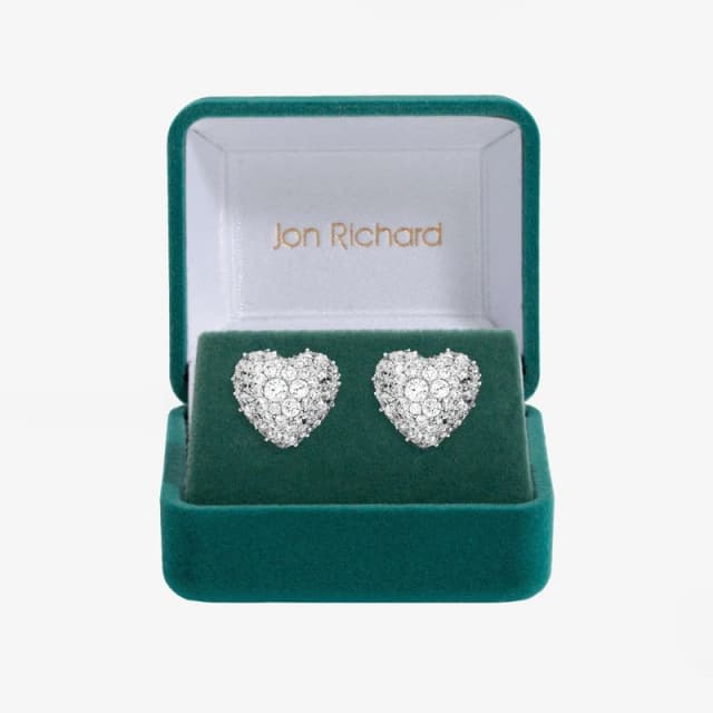 Jon Richard Rhodium Plated Pave Heart Stud Earrings - Gift Box Silver female One Size