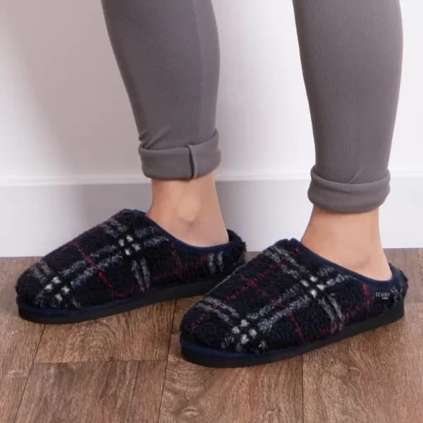 totes Kids Borg Navy Check Bootie Slippers Navy