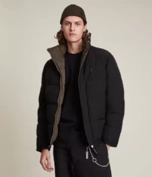 AllSaints Mens Regular Fit Novern Reversible Puffer Jacket, Black and Green, Size: S