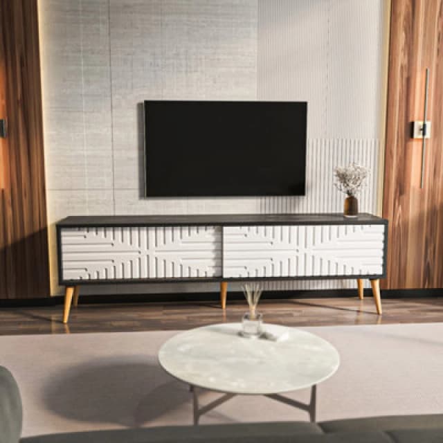 Decorotika Modern Riso TV Stand Black Marble Effect Andwhite