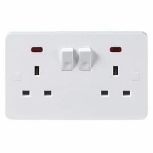 KnightsBridge Pure 9mm 13A White 2G Twin 230V UK 3 Switched Electric Wall Socket with Neon