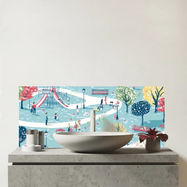Warren Reed - Designer A Day At The Park Glass Bathroom Splashback Multicolor Unisex