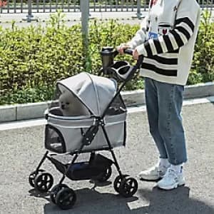 PawHut No-Zip Dog Stroller with Basket and Safety Leash Grey