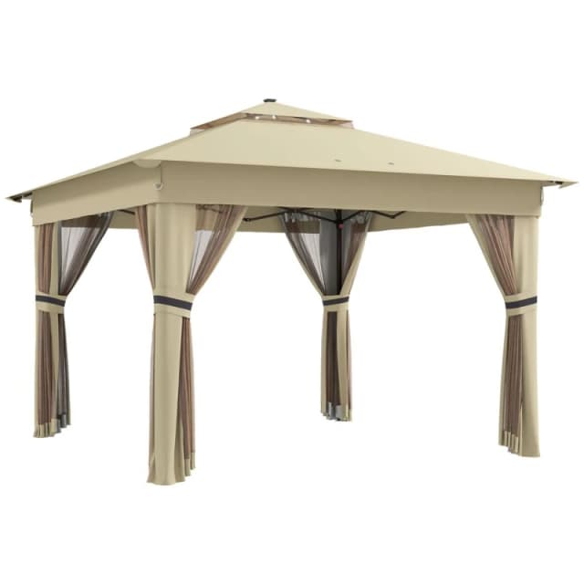Outsunny 3x3m Pop Up Gazebo w/ 20 Solar LED - Khaki, Brown 84C-483V00BN