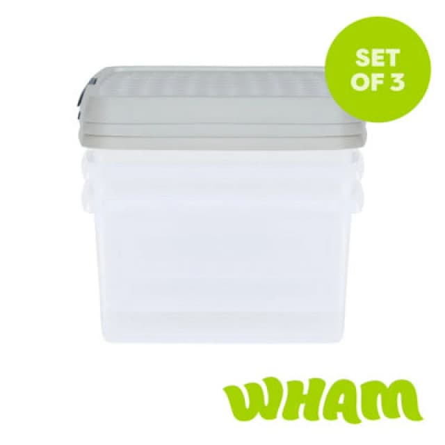 Wham Clip 3X 9L Square Plastic Storage Boxes With Clip Lock Lids. Ideal For Home, Office, Toys & More - Clear/stone