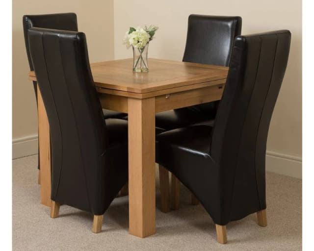 Thats Furniture Richmond 90-150cm Square Oak Extending Dining Table + 4 Lola Leather Chairs in Black Unisex