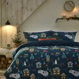 Christmas Winter Pine Print Duvet Cover Set, Navy Blue, Single - Furn