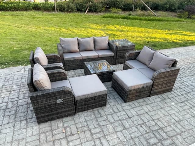 Fimous Rattan Garden Furniture 8 Piece Patio Set Table Sofa Chairs With 2 Big Footstool Side Table Dark Grey