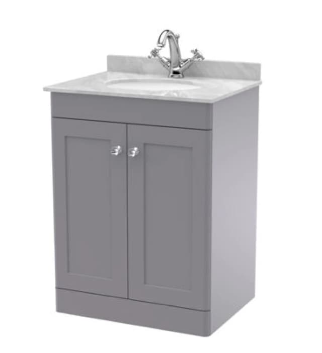 Nuie Classique Floor Standing 2 Door Vanity Unit & 1 Tap Hole Grey Marble Top With Oval Basin