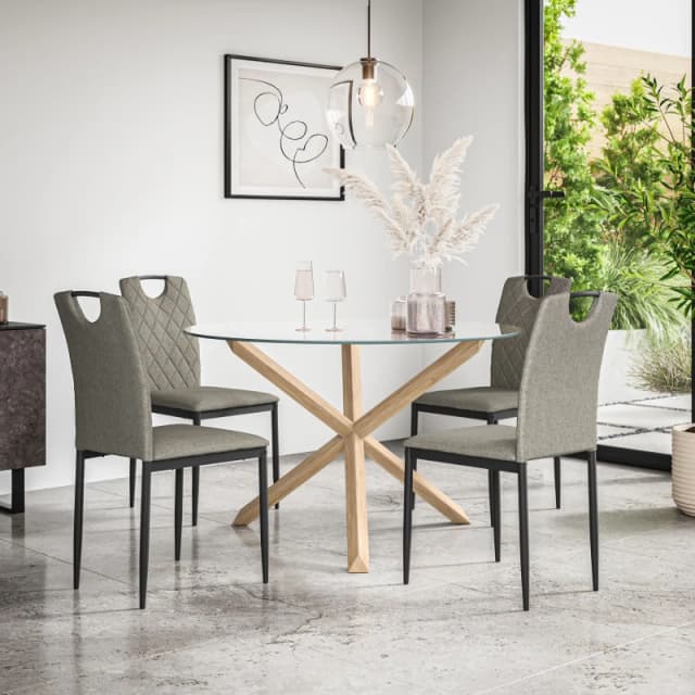 More4Homes Malvern Round Dining Table And Chairs - Clear Glass Table Top W Solid Oak Legs + Monza Fabric Dining Chair Set Of 4 (Grey)