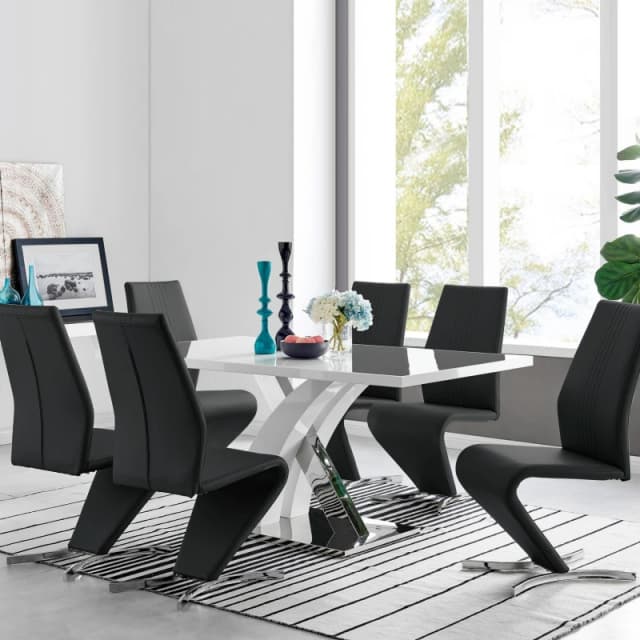 FurnitureboxUK FurnitureboxUK Atlanta Modern Rectangle Chrome Metal High Gloss White Dining Table And 6 Willow Chairs Set in Black One Size Unis