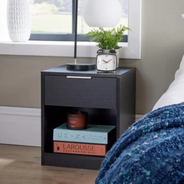 Home Source Phoenix 1 Drawer Bedside Table Nightstand Storage Unit Black Bedroom Furniture