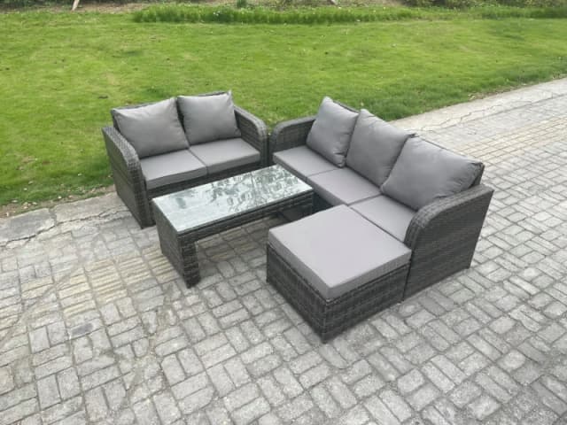 Fimous Outdoor Rattan Garden Furniture Set Patio Lounge Sofa Set with Rectangular Coffee Table Big Footstool Dark Grey Mixed Dark Grey