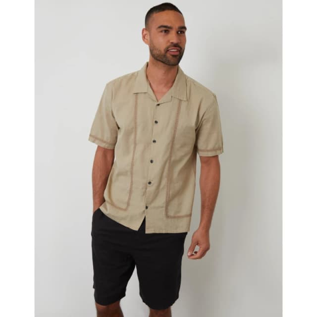 Threadbare Linen Blend Lace Trim Relaxed Fit Shirt Stone male S