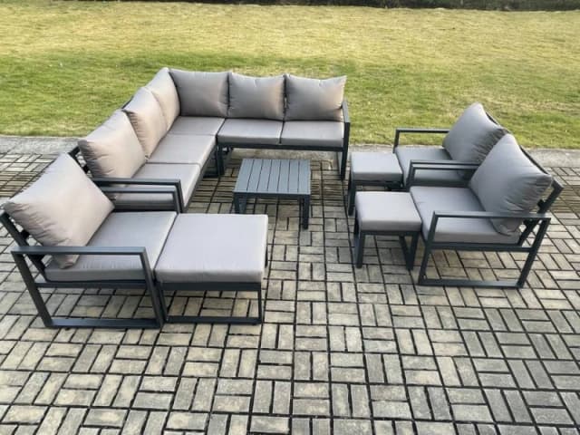 Fimous 11 Seater Outdoor Aluminium Garden Furniture Set Corner Lounge Sofa Set with Square Coffee Table Chair 3 Footstools Dark Grey Dark Grey Unisex