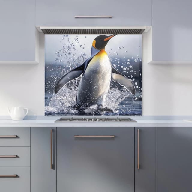 Warren Reed - Designer Regal Penguin in a Watery Burst Kitchen Splashback in Black Size: 600mm x 750mm Black Unisex 600mm x 750mm